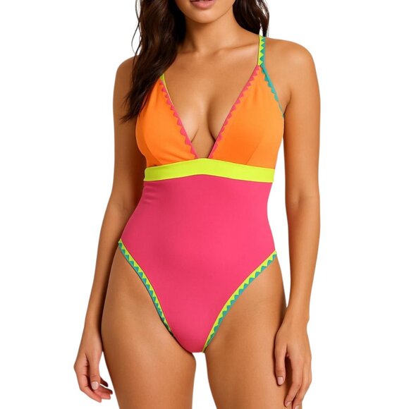 Popvil Women's Neon Color Block Plunge Tie Back One Piece Swimsuit Size L NWT - Picture 1 of 12